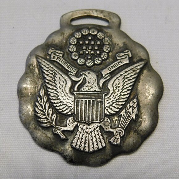 Vintage Metal Watch Fob / Medal, Patriotic, E Pluribus Unum, US Eagle Shield - Picture 1 of 4